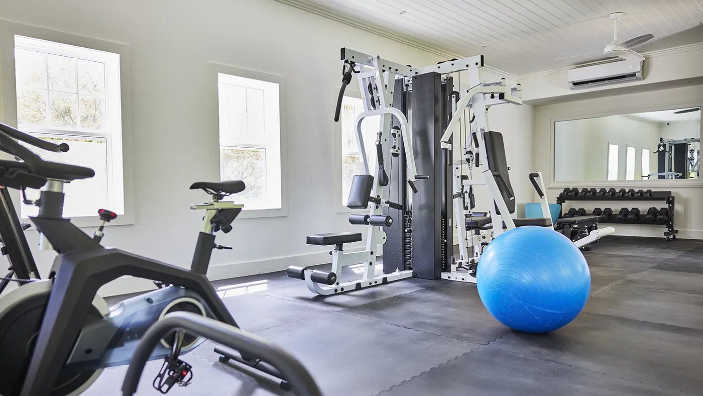 Fully equipped gym at The Potlatch Club Eleuthera