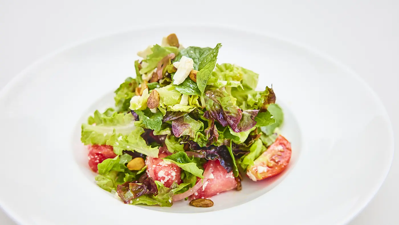 A watermelon slad at the Fig Tree restaurant at The Potlatch Club Eleuthera