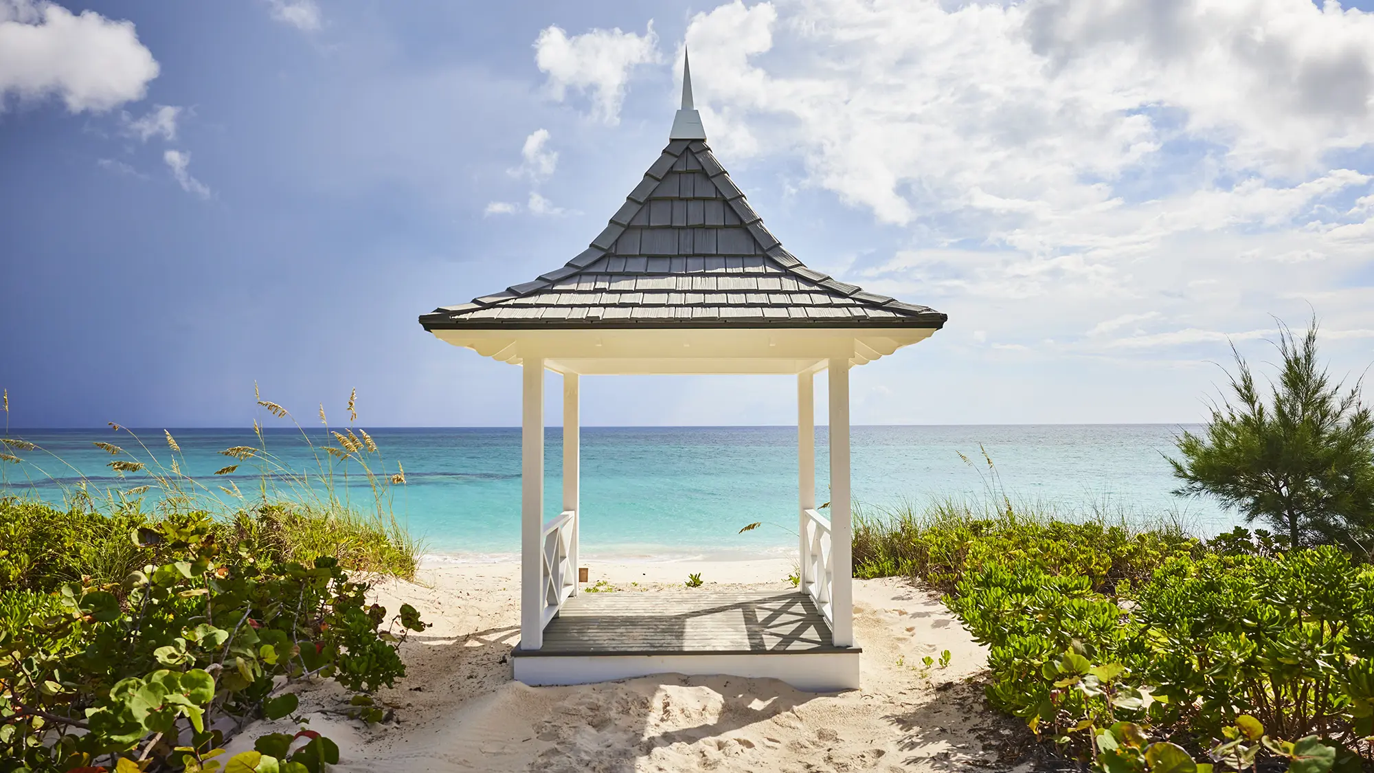 A gazebo overlooking the pink sand beach at The Potlatch Club, Eleuthera