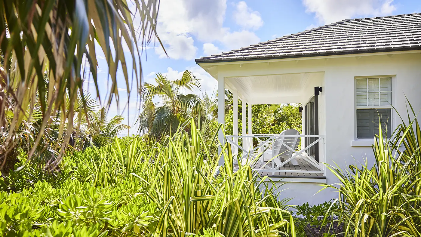 Garden-view Cottage veranda at The Potlatch Club, Eleuthera